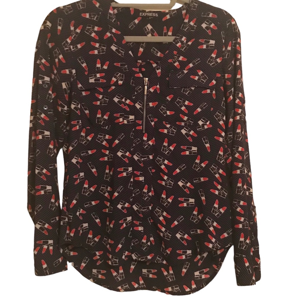 Express Lipstick 💄 Print Portofino Zip Up Shirt Sz XS